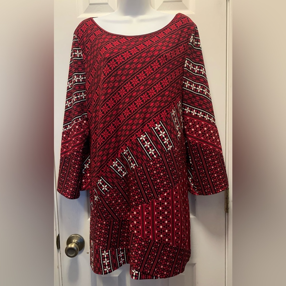 Rafaella Women’s L Shift Dress Red White Multicolor Stretch 3/4 Sleeve Flare